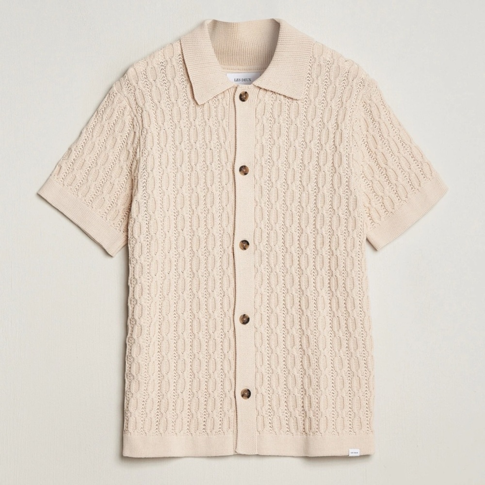 Les Deux Cream Knit Short-Sleeve Button-Up Polo